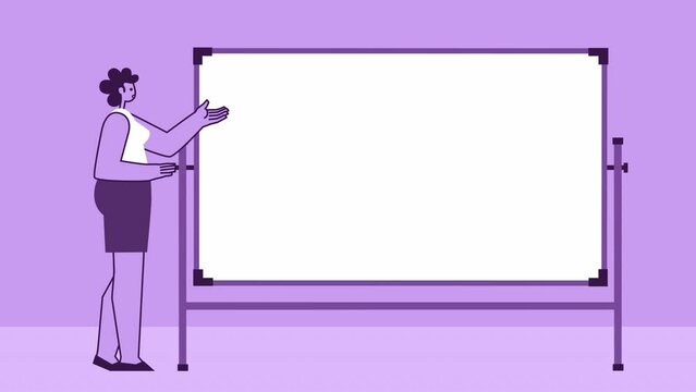 Purple Style Woman Flat Character Speaker Near White Board. Isolated Loop Animation with Alpha Channel