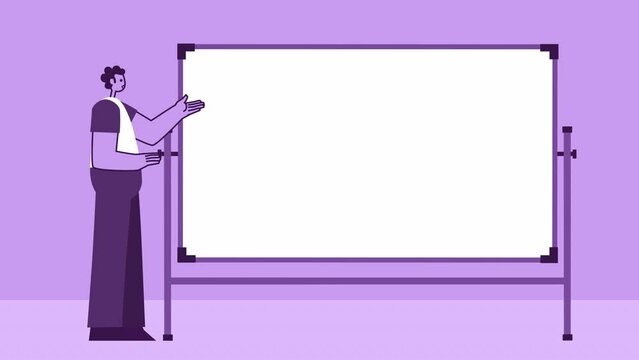 Purple Style Man Flat Character Speaker Near White Board. Isolated Loop Animation with Alpha Channel