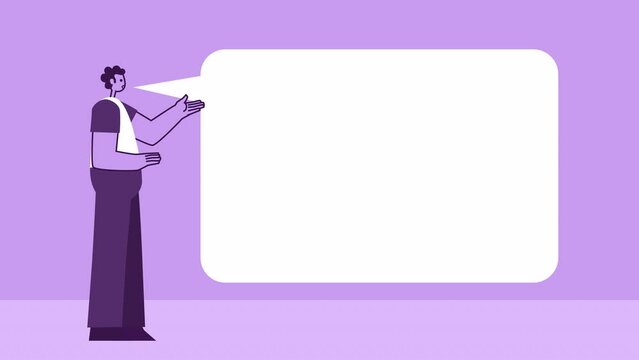 Purple Style Man Flat Character Talking with Speech Bubble. Isolated Animation with Alpha Channel