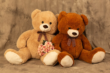 Pareja de osos de peluches sentados sobre fondo marrón.