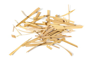 Dry yellow reed leaves pile isolated on white background and texture, top view 