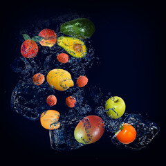Fototapeta na wymiar Panorama, wallpaper with fruits in the water - fresh avocado, lemon, lychee mango, peach, persimmon are full of vitamins constituting the diet and human health