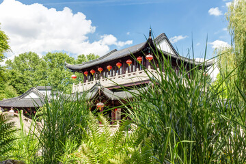 Chinesisches Teehaus im Luisenpark Mannheim, Baden-Württemberg - obrazy, fototapety, plakaty