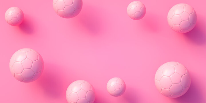 Pink Soccer balls and pink background with copy space. 3D rendering