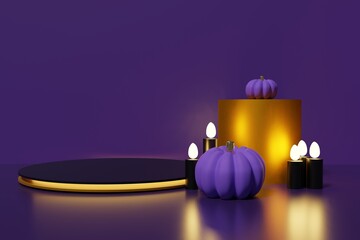 3d render of black and orange led lit podiums on a dark purple background with black candles and pumpkins