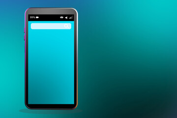 Smartphone mock-up on turquoise background. Mobile phone next to place for text. Electronic gadget. Smartphone with blank screen. Realistic smartphone on blue background. Phone 3d rendering.