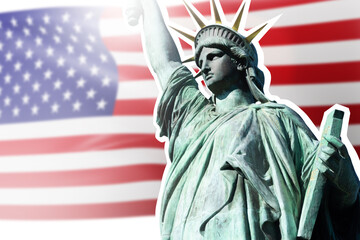 Statue of Liberty with blurred USA flag in background. United States of America. Symbols of...