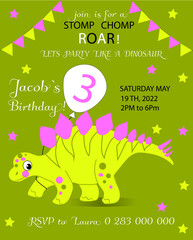 Children's birthday party invitation! Using green, pink, white, black colors. Used for web design, illustrations, banners, posters.