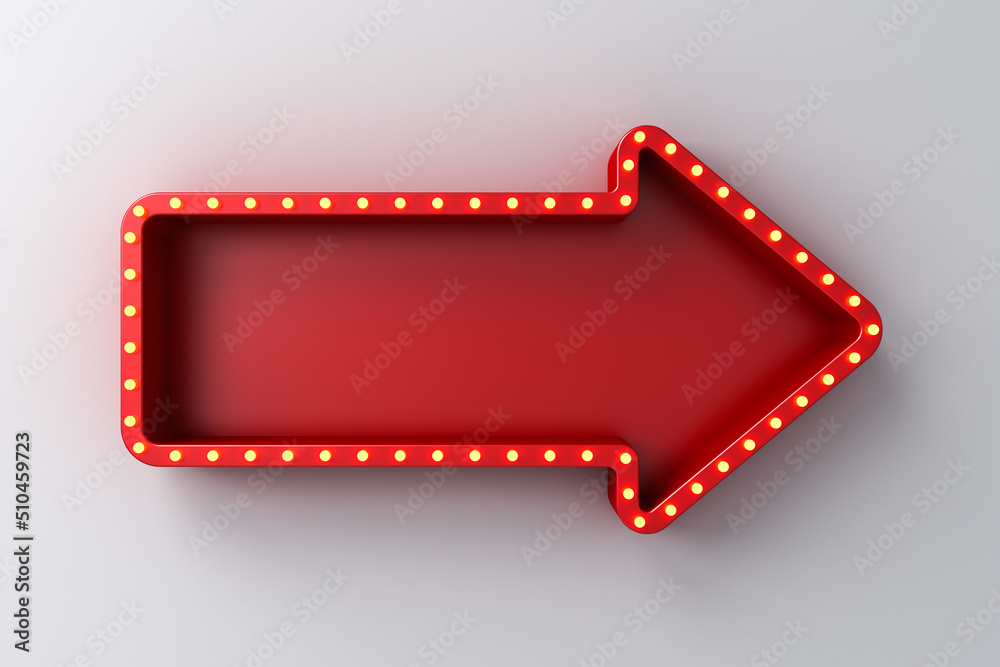 Aufkleber blank red arrow sign board with retro yellow neon light bulbs isolated on white wall background with