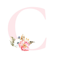 Watercolor Pink Animals Floral Alphabet letter C with cute watercolor bunny animal. Floral letter element for baby shower, Monogram for wedding, logo, frame art, poster, name sign wedding invite diy