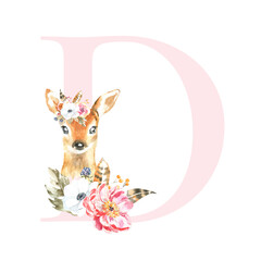 Watercolor Pink Animals Floral Alphabet letter D with cute watercolor deer animal. Floral letter element for baby shower, Monogram for wedding, logo, frame art, poster, name sign wedding invite diy