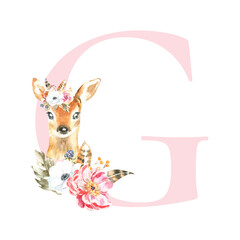 Watercolor Pink Animals Floral Alphabet letter G with cute watercolor deer animal. Floral letter element for baby shower, Monogram for wedding, logo, frame art, poster, name sign wedding invite diy