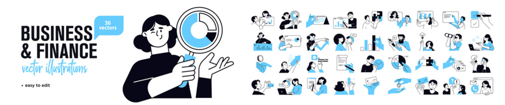 Business and marketing concept illustrations. Set of people vector illustrations in various activities of business, management, payment, market research and data analysis, communication. 
