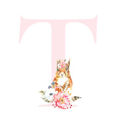 Watercolor Pink Animals Floral Alphabet letter T with cute watercolor squirrel animal.Floral letter element for baby shower, Monogram for wedding, logo, frame art, poster, name sign wedding invite diy