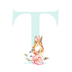 Watercolor Pink Animals Floral Alphabet letter T with cute watercolor squirrel animal.Floral letter element for baby shower, Monogram for wedding, logo, frame art, poster, name sign wedding invite diy