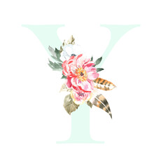 Watercolor Pink Animals Floral Alphabet letter Y with cute watercolor flower bouquet. Floral letter element for baby shower, Monogram for wedding, logo, frame art, poster, name sign wedding invite diy