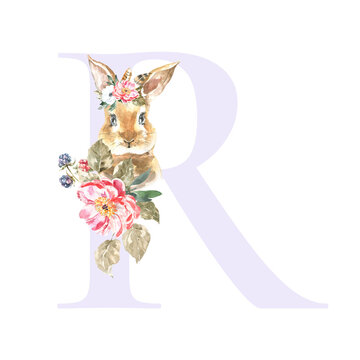 Watercolor Purple Animals Floral Alphabet Letter R With Cute Watercolor Bunny Animal. Floral Letter Element For Baby Shower, Monogram For Wedding, Logo, Frame Art, Poster, Name Sign Wedding Invite Diy