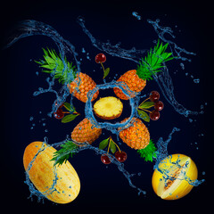 Obraz na płótnie Canvas Panorama, wallpaper with fruits in the water - fresh pineapple, melon, cherry are full of vitamins for the diet