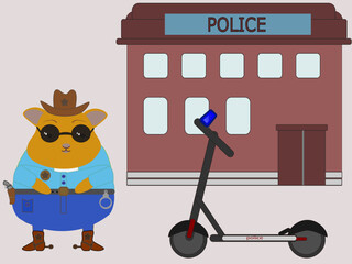 Funny policeman in uniform and a gun, vector. Sheriff hamster stands near the police station. Electric scooter with siren.