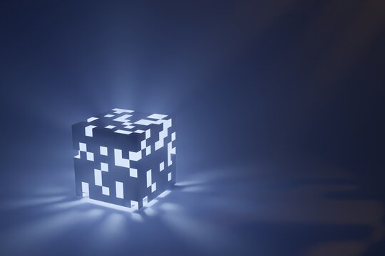 Cube with square holes with white or blue light on a black background, mystical illustration, technological concept, 3D rendering