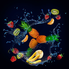 Panorama, wallpaper with fruits in the water - fresh pineapple, strawberry, kiwi, banana, pear are full of vitamins for the diet
