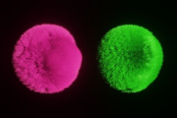 Two fluffy colored balls on a black background, green and pink abstract fur round figure, 3d rendering