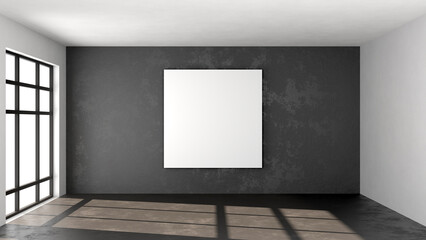 Empty loft room with blank square poster mock up on concrete wall