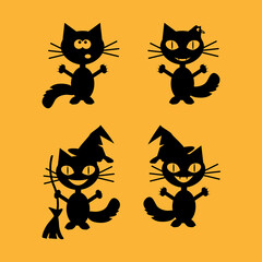 Set of black cats. Collection of cartoon cats for Halloween. Lovely playing black kittens. Vector illustration of pet pets. Logo of the cat.