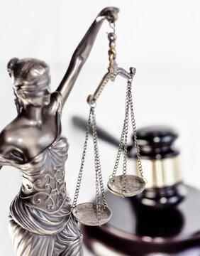 Symbol of Justice: Scales and Gavel on White Background