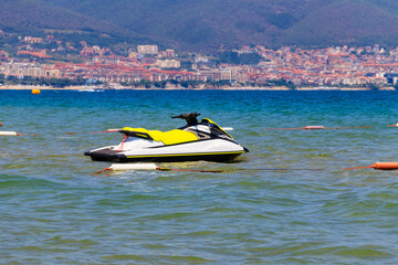 Empty watercraft on the Black sea of Sunny Beach, Bulgaria. Summer vacation concept