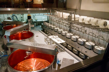 Interior of the cheese dairy factory. Equipment at cheese dairy plant