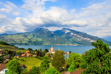 Aerial view of Spiez town with Spiez castle and Lake Thun in the Bernese Oberland, Switzerland
