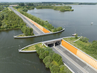 Aqueduct Veluwemeer near Harderwijk transport asphalt motorway road for traffic crossing underneath...