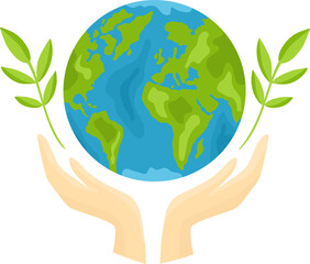 Hands holding globe, earth with small leaves. Earth day concept. Earth day vector illustration for poster, banner, print, web.