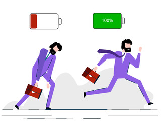 Cheerful businessman running with battery full energy icon and tired