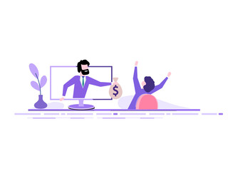 A man from a monitor holds out a bag of money to a happy woman. Concept of earnings on the Internet, online income, gambling.