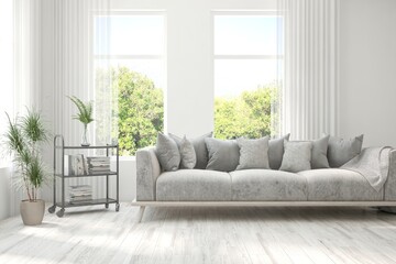 White living room with sofa and summer landscape in window. Scandinavian interior design. 3D illustration
