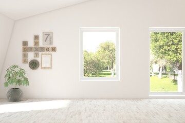 White empty room with summer landscape in window. Scandinavian interior design. 3D illustration