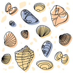 Vector illustration set: different blue , yellow, and orange hand-drawn seashells. The concept of summer time and nautical mood.