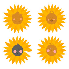 Vector set of illustrations: 4 drawings of a sunflower with different faces and emotions. Children's drawing concept