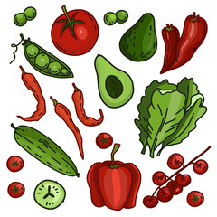 Vector set of vegetables for salad: tomato, cucumbers, pepper, green leaves, pea, lettuce, avocado. Hand-drawn collection with black outline isolated on white background