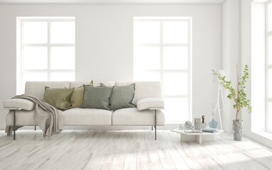 White living room with sofa. Scandinavian interior design. 3D illustration