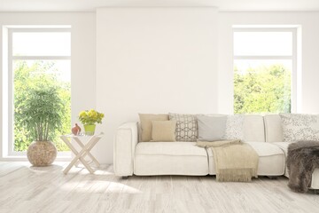White living room with sofa and summer landscape in window. Scandinavian interior design. 3D illustration