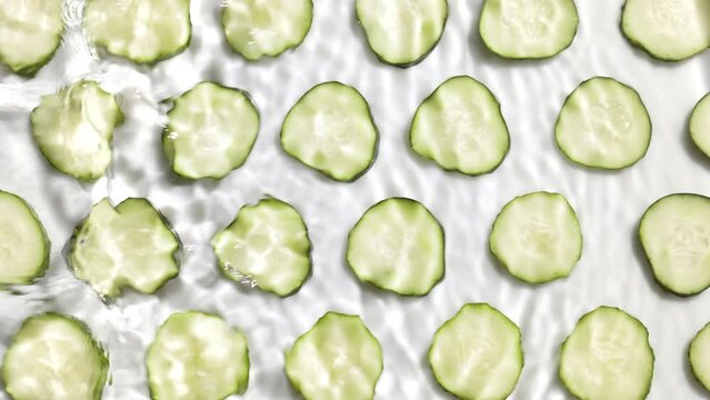 Medium shot of poured water making splashes and ripples over cucumber slices arranged in lines on white background | skin care background, cleanser commercial