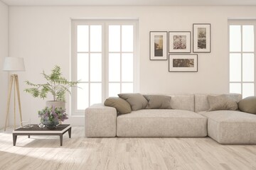 White living room with sofa. Scandinavian interior design. 3D illustration