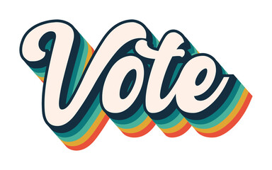 Vote graphic, rainbow voting retro font, president election, political democracy, design font stripe effect, blue green yellow red vintage style lettering, voting democrat republican libertarian