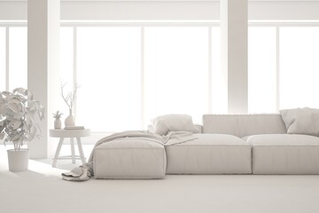 Mock up of minimalist living room in white color with sofa. Scandinavian interior design. 3D illustration