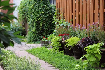 Urban garden on Plateau Mont Royal in Montreal, Canada, in the summer season. Green lawn with...