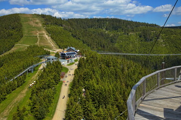 View of Slamnik mountain and sky bridge 721 from sky walk in Dolni Morava in Kralicky Sneznik, Czech Republic, Europe, Central Europe
