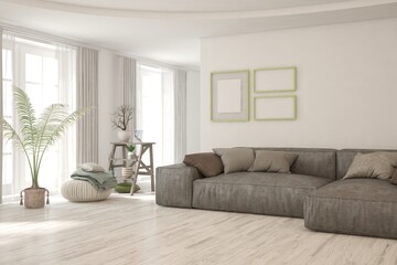 White living room with sofa. Scandinavian interior design. 3D illustration